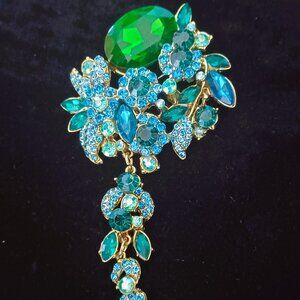 Gorgeous Blue Rhinestone Brooch with Green Accents
